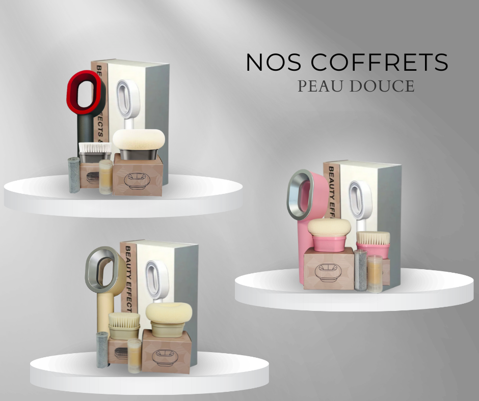 photo du coffret avec filtre anti chlore et calcaire + éponge et brosse , un design unique