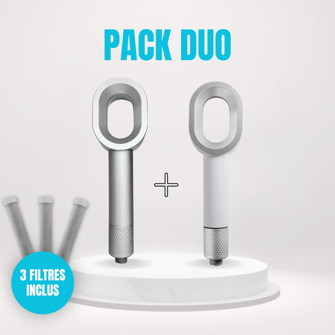 Découvrez le Pack Duo Pure Shower : 2 pommeaux de douche filtrants (blanc et gris clair) avec 3 filtres ACF inclus – dont 1 offert. Offre exclusive à 94€ au lieu de 119€. Idéal pour purifier votre eau et protéger les peaux sensibles. Livraison rapide depuis la France.