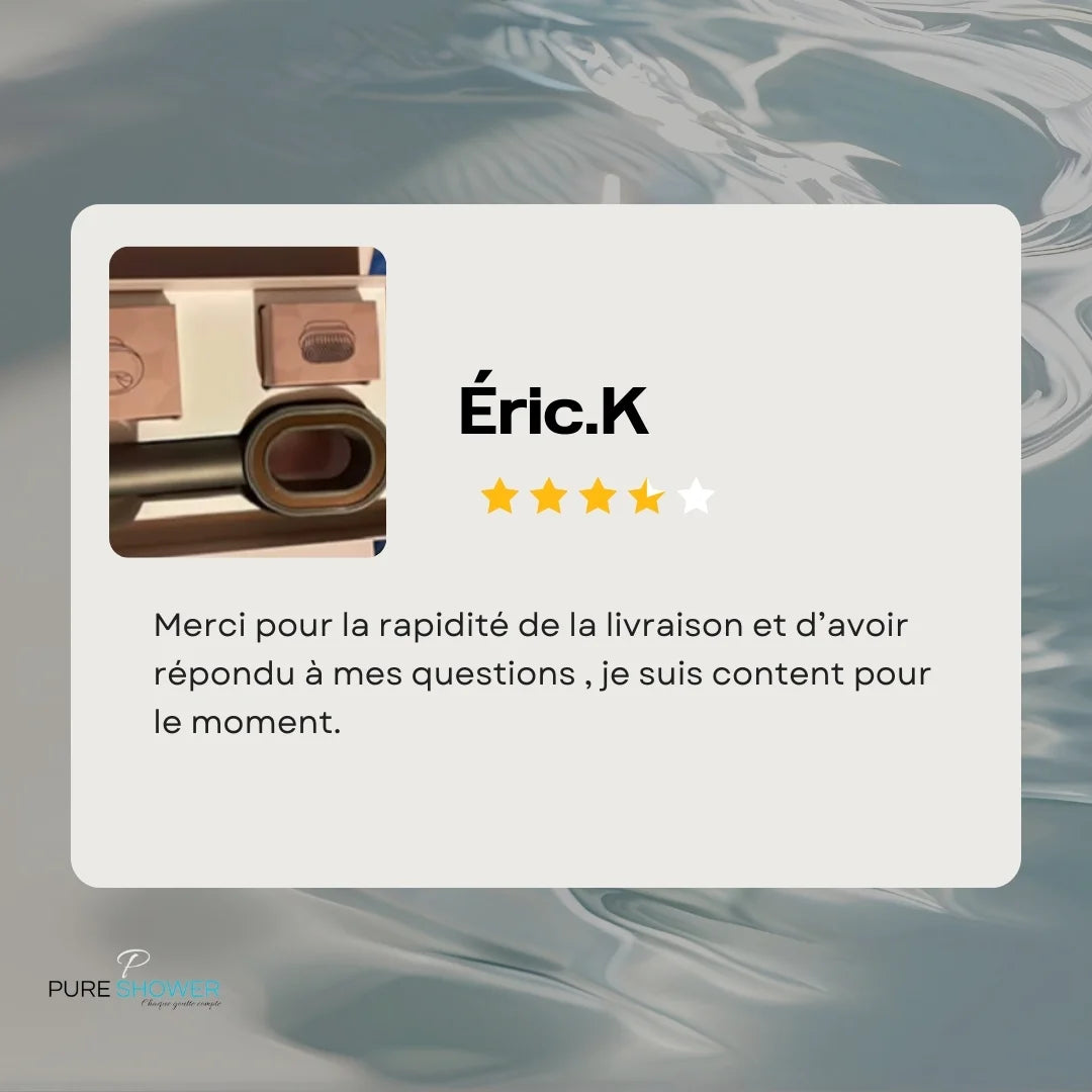 Cette photo représente un avis client pour un pommeau acheter en janvier 2025 expérience client du pommeau avec filtre anti chlore 