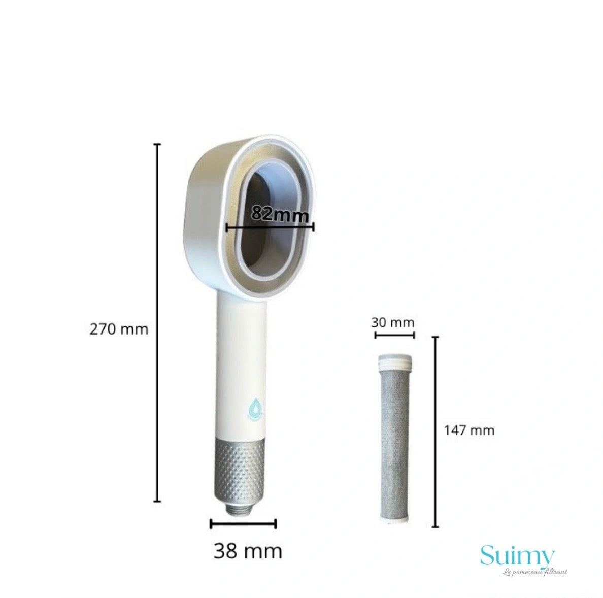 Image ou se trouve la dimension du pommeau de douche blanc filtrant avec un filtre ACF 