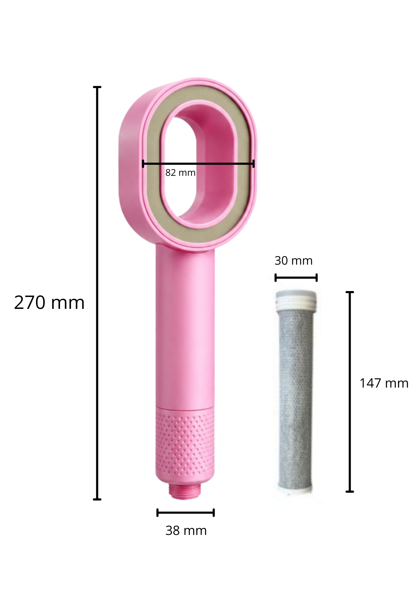 Image des mesure du pommeau de douche filtrant Suimy en rose. 