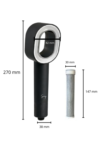 Image des dimensions du pommeau de douche filtrant Suimy et du filtre ACF 