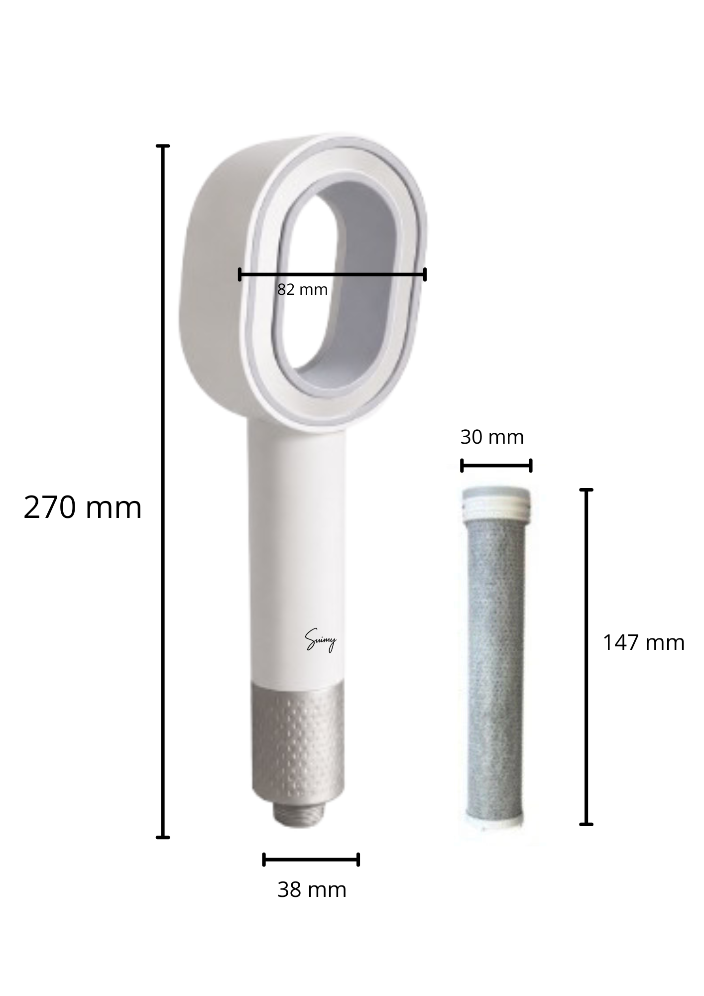 Images des dimesions en mm du pommeau de douche filtrant suimy blanc et du filtre ACF