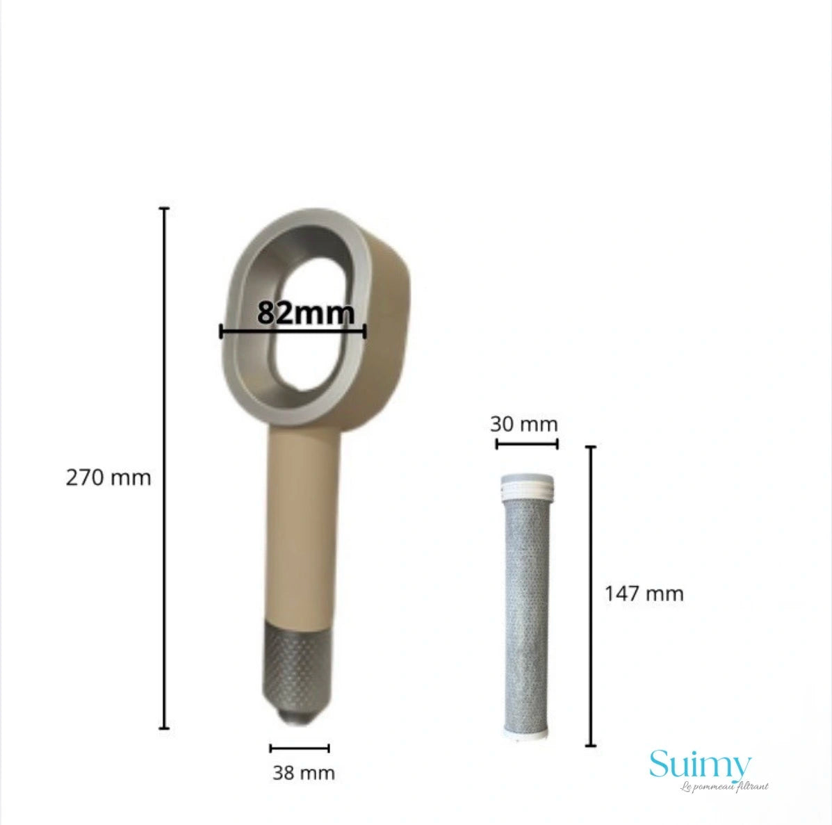 Image avec la dimension du pommeau de douche filtrant en beige  avec un filtre ACF