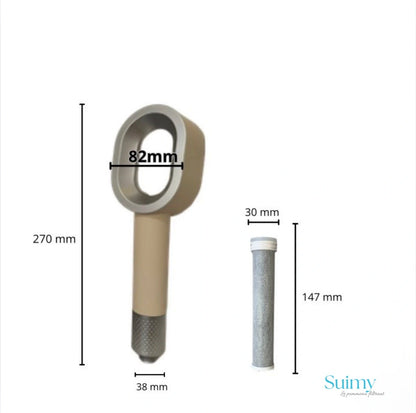 Image avec la dimension du pommeau de douche filtrant en beige  avec un filtre ACF