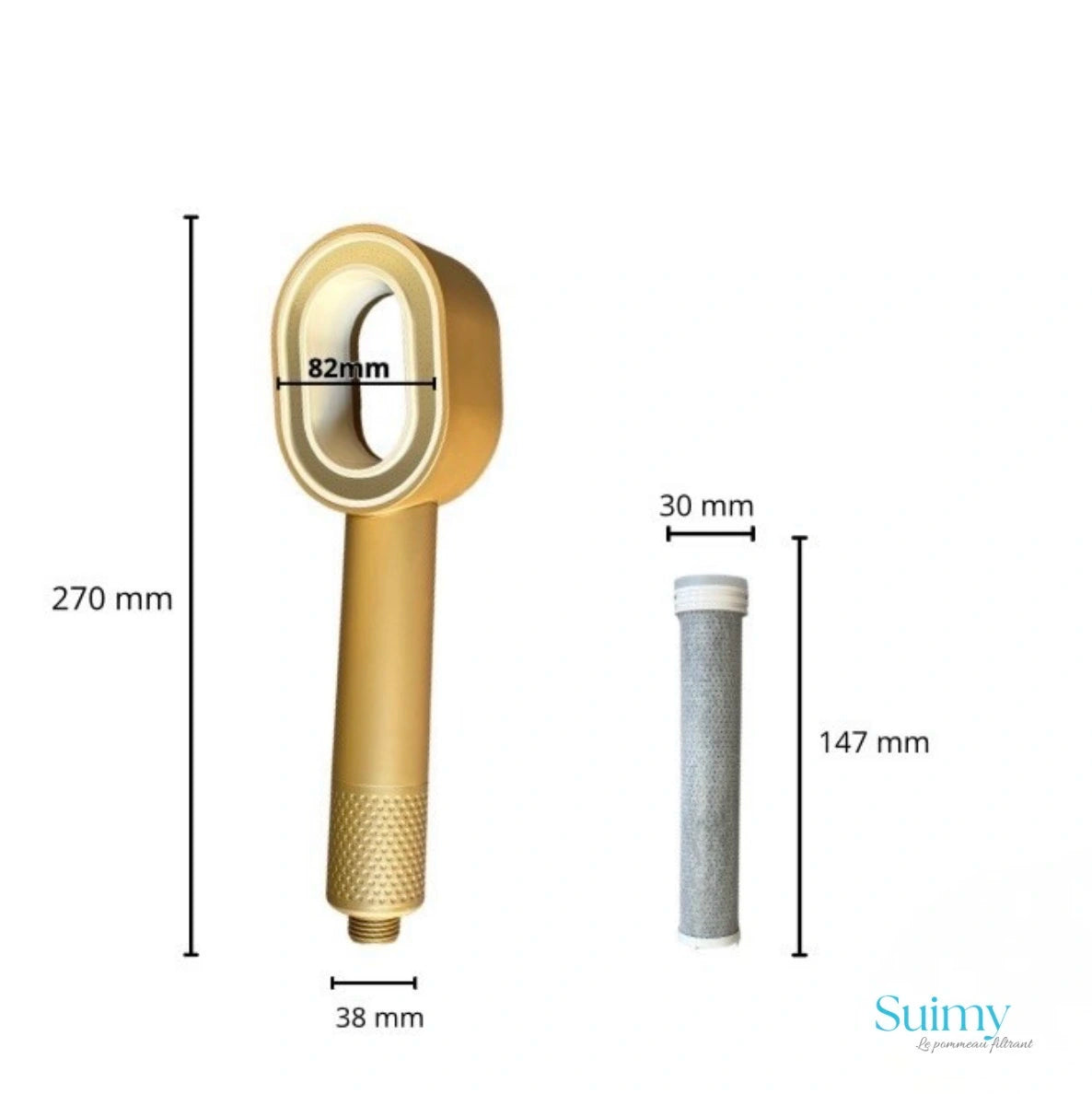 Image ou se trouve la dimension du pommeau de douche filtrant en doré  avec un filtre ACF