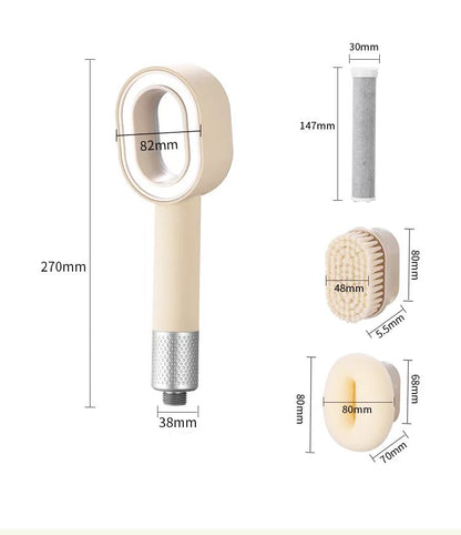 cette photo représente les dimensions du pommeau de couleur beige ainsi que les brosse et filtres