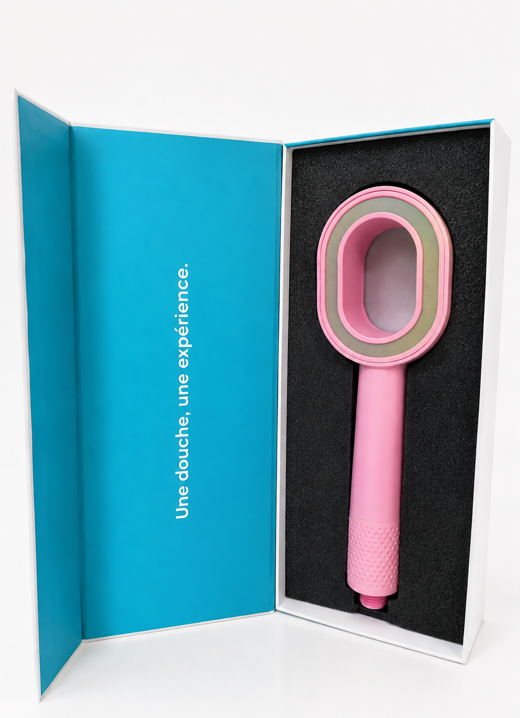 Image du pommeau de douche rose Suimy  anti chlore et calcaire grâce a son filtre au charbon actif qui élimine le chlore et le calcaire et les impuretés présente dans l'eau 