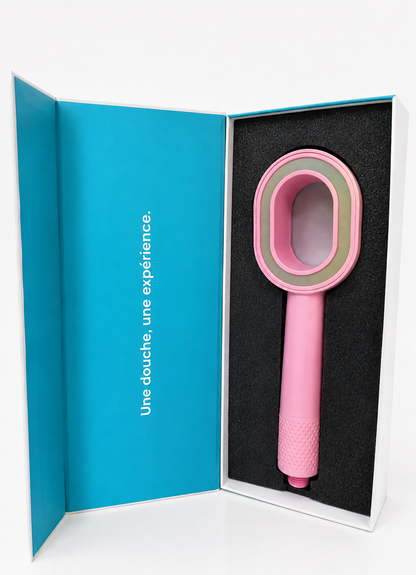 Image du pommeau de douche rose Suimy  anti chlore et calcaire grâce a son filtre au charbon actif qui élimine le chlore et le calcaire et les impuretés présente dans l'eau 