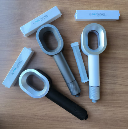 Découvrez le Pack Trio MyPureShower : 3 pommeaux de douche + 5 filtres dont 2 offerts.