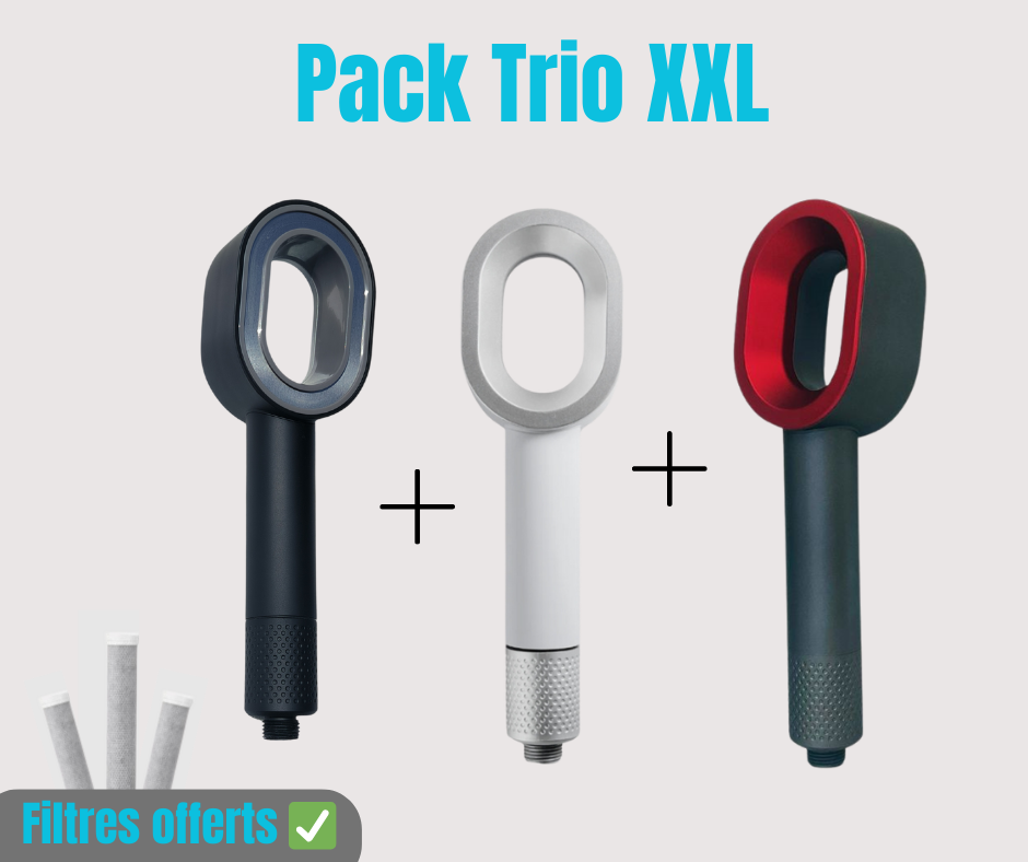 Le Pack Trio MyPureShower comprend 3 pommeaux de douche et 5 filtres dont 2 offerts. Offrez à votre famille une eau plus saine et économique. 3 pommeaux et 5 filtres ACF