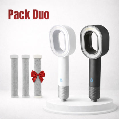 Pommeau de douche filtrant Suimy anti-chlore photo du pack duo gris et blanc avec économiseur d'eau, le pack contient deux pommeau et 3 filtre ACF