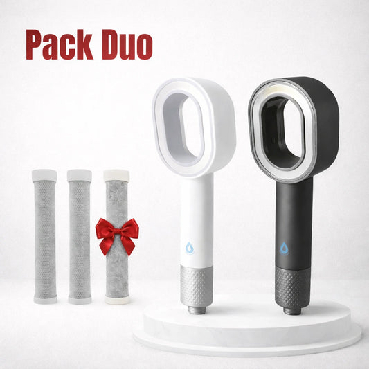 Pommeau de douche filtrant Suimy anti-chlore photo du pack duo gris et blanc avec économiseur d'eau, le pack contient deux pommeau et 3 filtre ACF