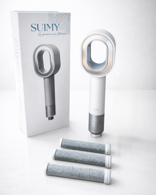 Pommeau de doucher blanc filtrant suimy blanc avec 3 filtres acf et box anti calcaire et chlore testé en laboratoire Français