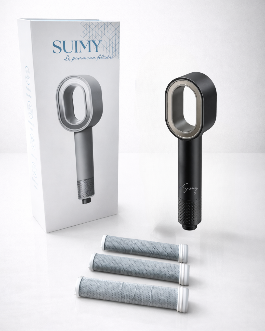 Photo du pack infinity noir de chez Suimy magnifique avec 3 filtres acf inclus anti chore et calcaire
