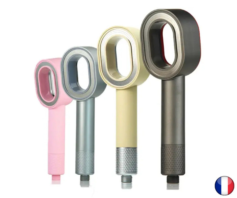 La photo montre plusieurs photo du pommeau avec différentes couleurs avec filtre intégré, société française avec un drapeau de la france