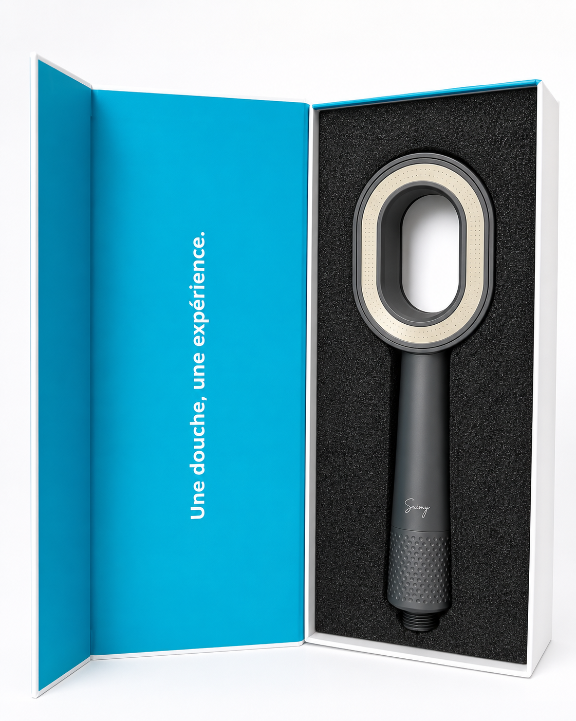 Image du pommeau de douche filtrant gris Suimy, anti chlore et calcaire grâce a son filtre ACF au charbon actif et son économie d'eau de 15% par douche, testé en laboratoire français