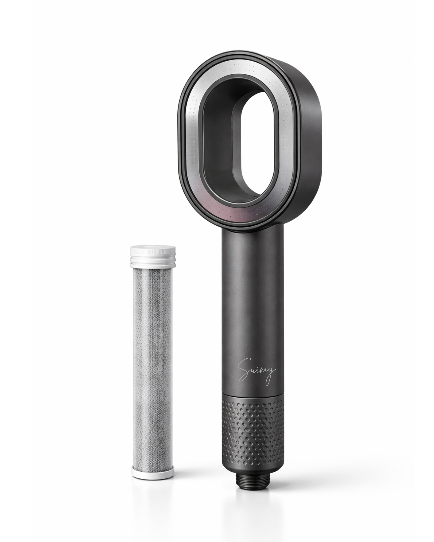 Photo du pommeau filtrant gris de la marque Suimy avec filtre anti calcaire et anti chlore 