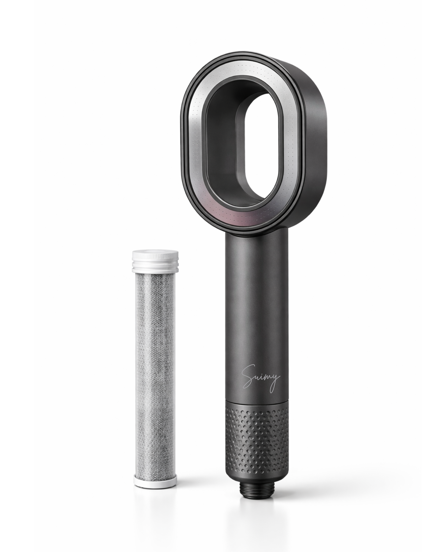 Photo du pommeau filtrant gris de la marque Suimy avec filtre anti calcaire et anti chlore 