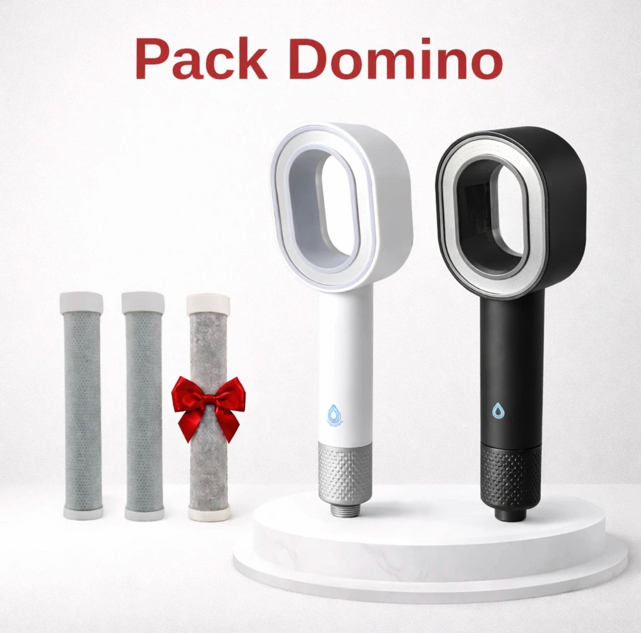 Photo des pommeaux de douches filtrants blanc et noir du pack domino + trois filtres ACF offrant une peau douce et plus agréable tout en ayant un jet dynamique. 