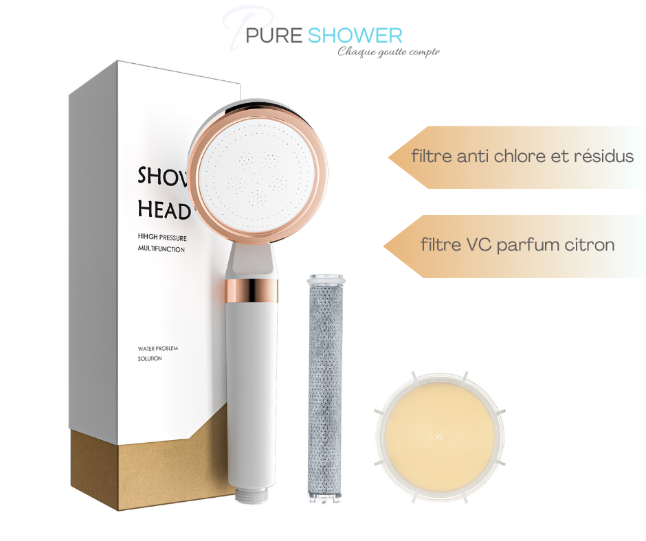 pommeau avec filtre parfumé et filtre anti calcaire idéal pour peau douce et cheveux lisse     Filtre Anti-Chlore : Le filtre intégré capture le chlore, les métaux lourds et autres impuretés, offrant une eau plus douce et moins agressive pour votre peau et vos cheveux.
    Écologique et Économique : Réduit l'empreinte écologique en limitant la consommation d'eau tout en vous permettant de profiter d'une douche agréable grâce à une pression d'eau optimale.
    Facile à Installer : Compatible avec toutes les 