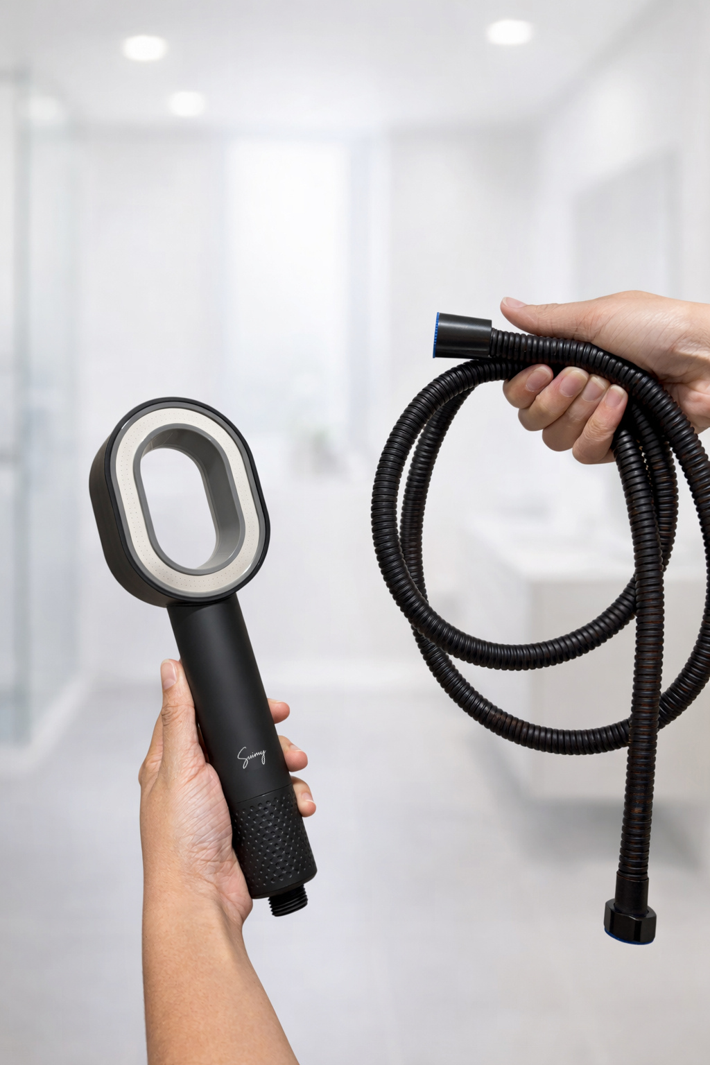 image du pack all inclusive all black intense avec un pommeau de douche filtrant équipé d'un filtre ACF anti chlore et anti calcaire et de son tuyau 