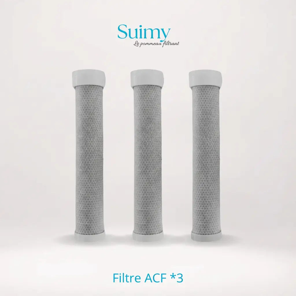 photo avec le pack de 3 filtres acf pour le pommeau de douche filtrant de la l'excellente marque suimy 
