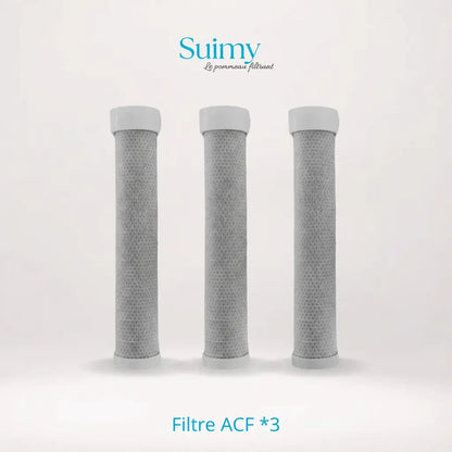 photo avec le pack de 3 filtres acf pour le pommeau de douche filtrant de la l'excellente marque suimy 