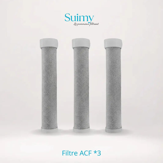 photo avec le pack de 3 filtres acf pour le pommeau de douche filtrant de la l'excellente marque suimy 