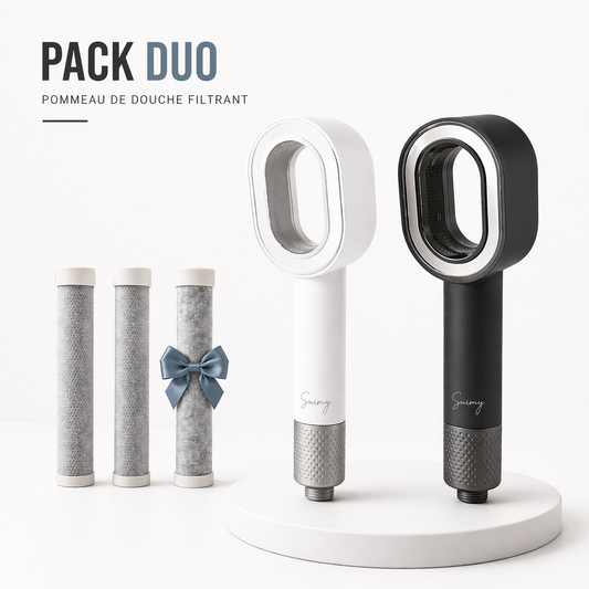 photo du pack duo de suimy deux pommeaux filtrant anti chlore et alcaire et un filtre acf offert
