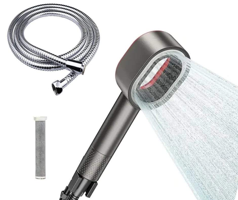 photo du pack all inclusive pommeau de douche avec filtre acf anti chlore et tuyau de douche inclus 1,5m couleur gris idéal pour peau sensible 