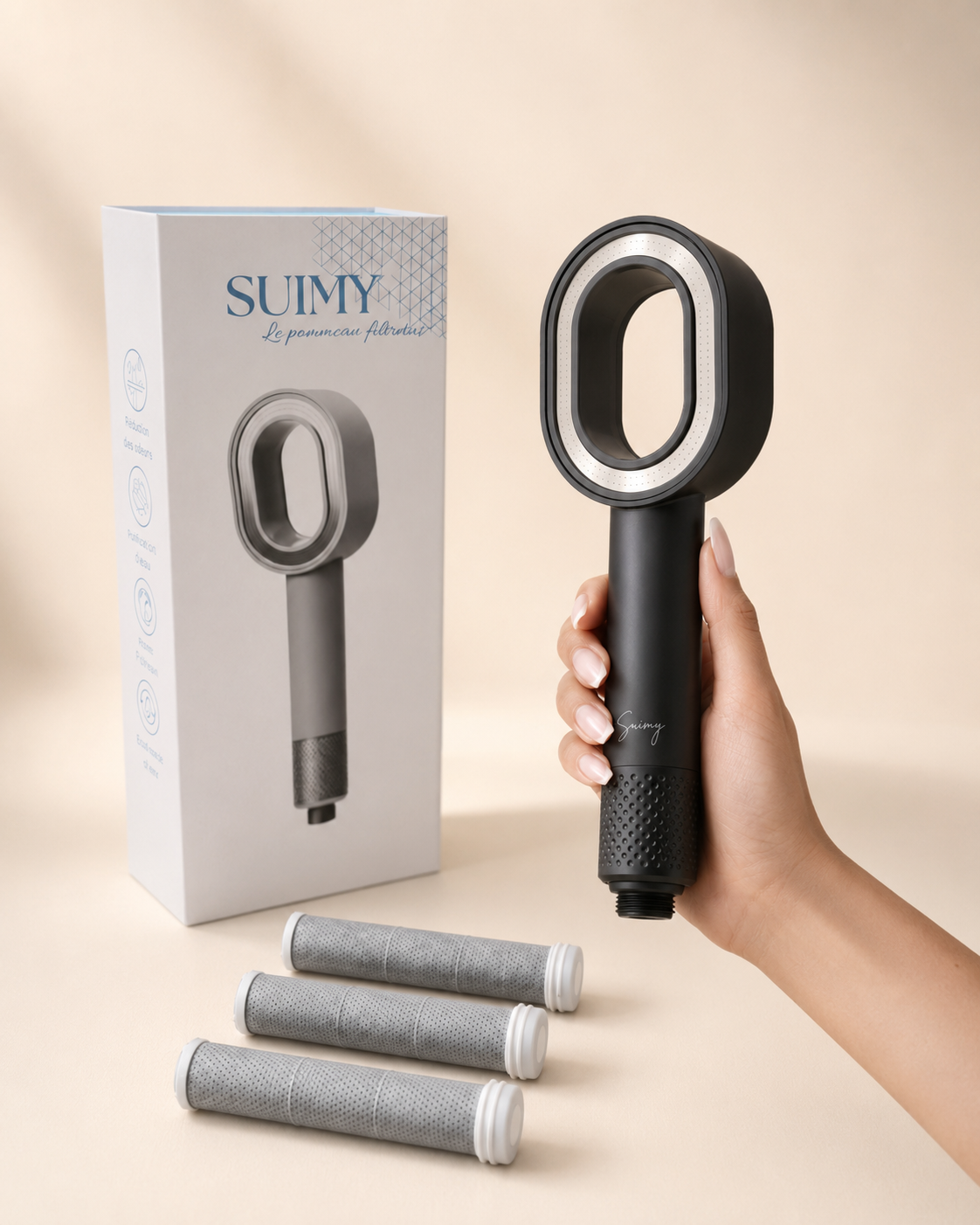 image du pommeau noir suimy et trois filtres qui correspond au pack infinity