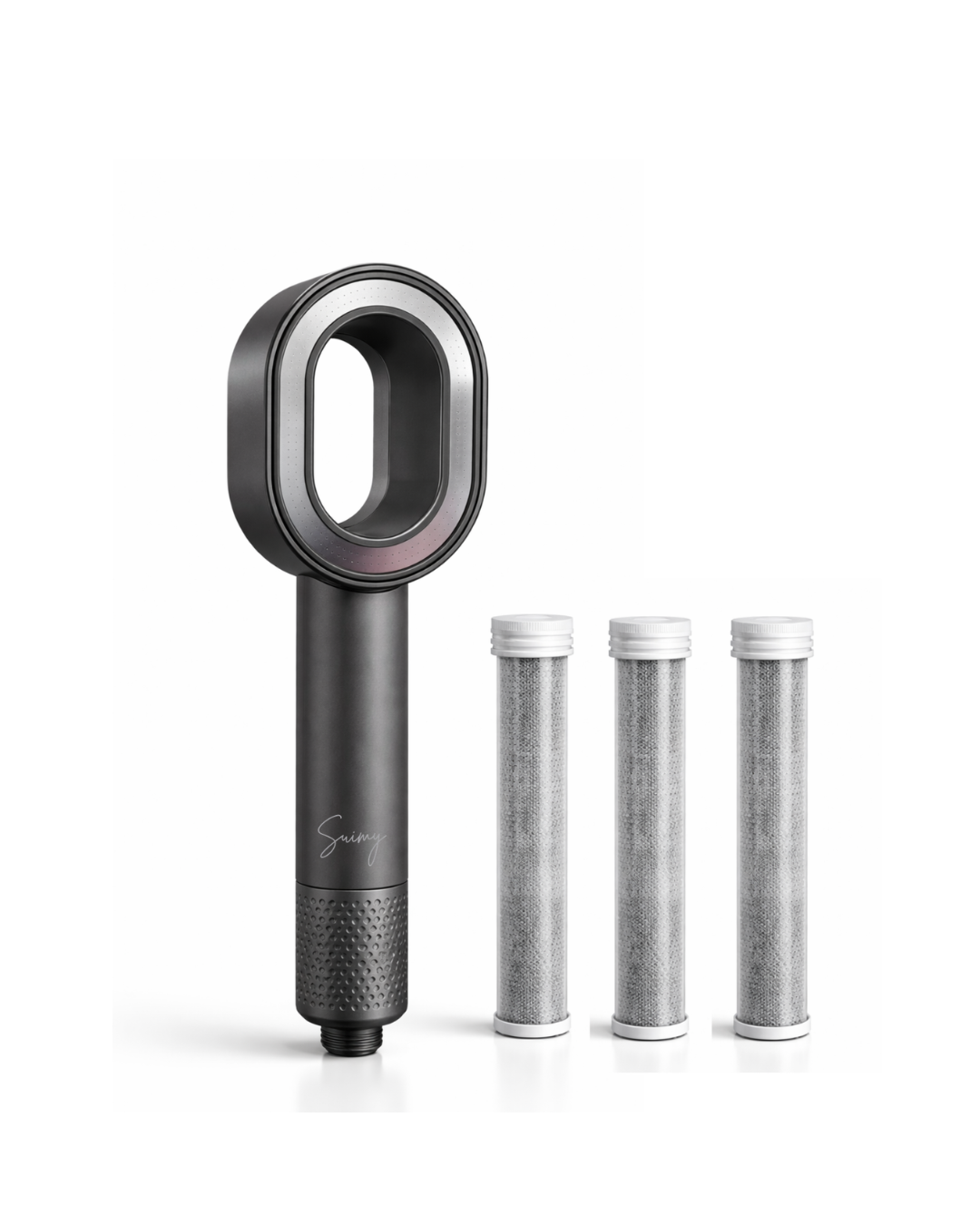 Photo du pack infinity gris de Suimy qui comprend un pommeau gris et trois filtres ACF, anti chlore et calcaire 