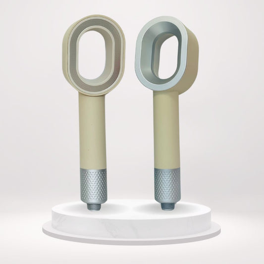 photo du pommeau beige anti chlore et anti calcaire design avec economiseur d'eau, douchette anti chlore avec filtre ACF