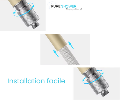     Filtre Anti-Chlore : Le filtre intégré capture le chlore, les métaux lourds et autres impuretés, offrant une eau plus douce et moins agressive pour votre peau et vos cheveux.
    Écologique et Économique : Réduit l'empreinte écologique en limitant la consommation d'eau tout en vous permettant de profiter d'une douche agréable grâce à une pression d'eau optimale.
    Facile à Installer : Compatible avec toutes les installations standard de douche, le pommeau de douche Pure Shower s'installe en quelques m