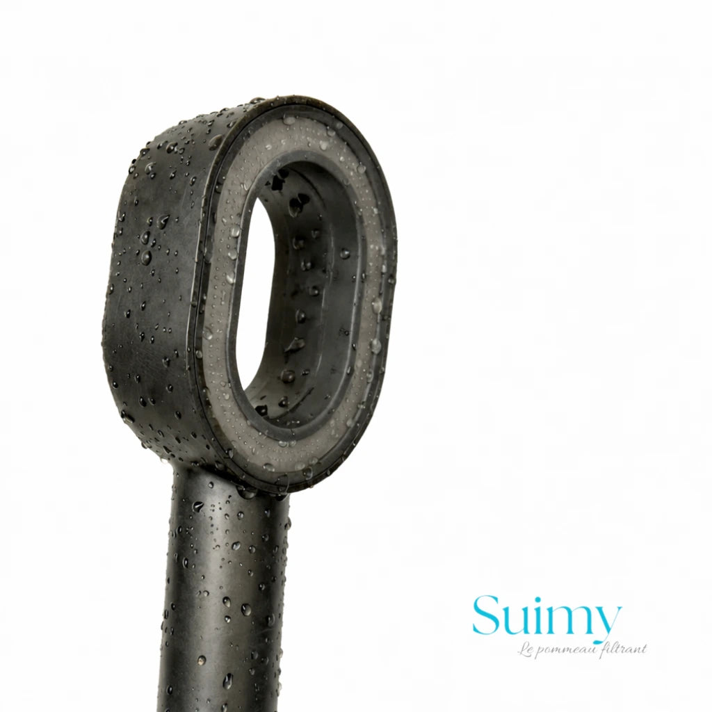 Photo du pommeau gris sous la douche ne action haute pression 